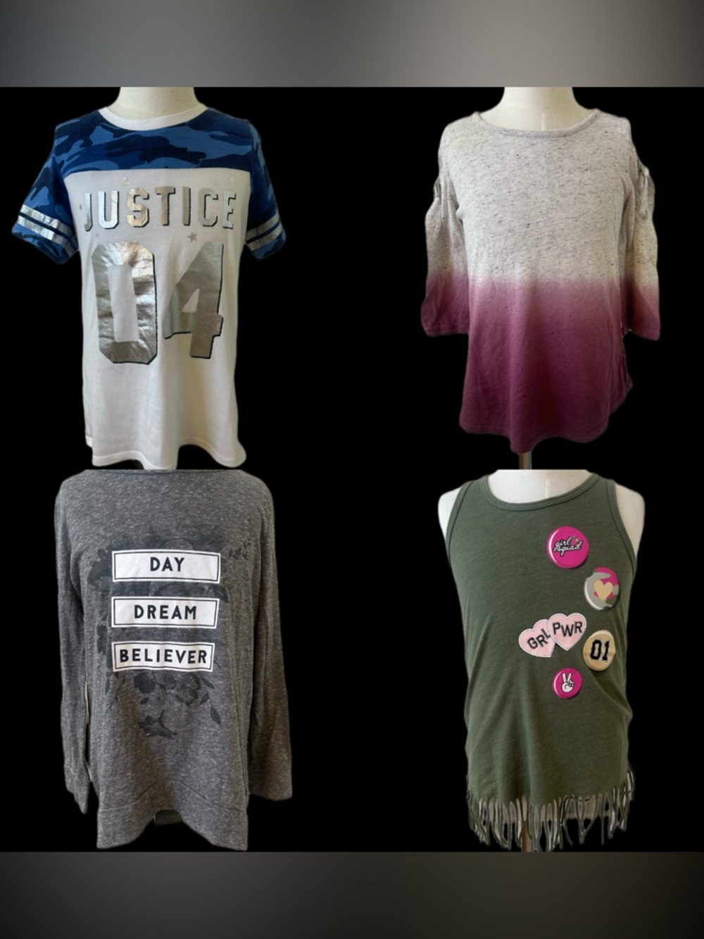 Justice Girls Multi-Top Set - White, Blue, Gray, Purple & Olive Green